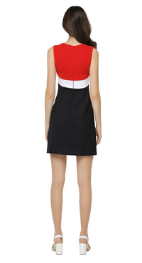Sleeveless, tri-colour, A-line dress with descending wrap around colour banding from the neck and chest. Can be worn confidently on a big night out when matched with heels, or comfortably cool and casual when dressed down with kicks or flats.  Choose bespoke for custom sizing, capped or short sleeve and/or to alternate hem length or colour palette.