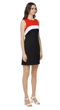 Sleeveless, tri-colour, A-line dress with descending wrap around colour banding from the neck and chest. Can be worn confidently on a big night out when matched with heels, or comfortably cool and casual when dressed down with kicks or flats.  Choose bespoke for custom sizing, capped or short sleeve and/or to alternate hem length or colour palette.