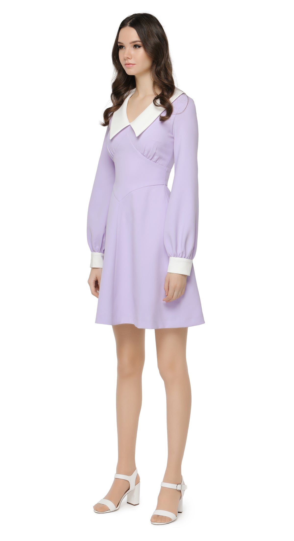 1970s style flared lavender party dress with large dramatic white collar and slightly puff sleeve at the cuff. A light big night out look dressed up with heels or down with kicks. Fully lined with invisible back zipper.  Choose bespoke for custom sizing, shorter sleeve, colour and hem length options.