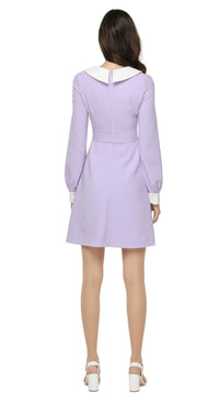 1970s style flared lavender party dress with large dramatic white collar and slightly puff sleeve at the cuff. A light big night out look dressed up with heels or down with kicks. Fully lined with invisible back zipper.