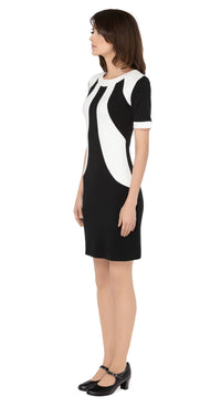 Italian medium-weight fitted wool jersey two tone dress with dramatic Atari detailing across the front torso. Detailing with a classic trim neckline and short sleeves.  Choose bespoke to alternate sleeve and hem length.
