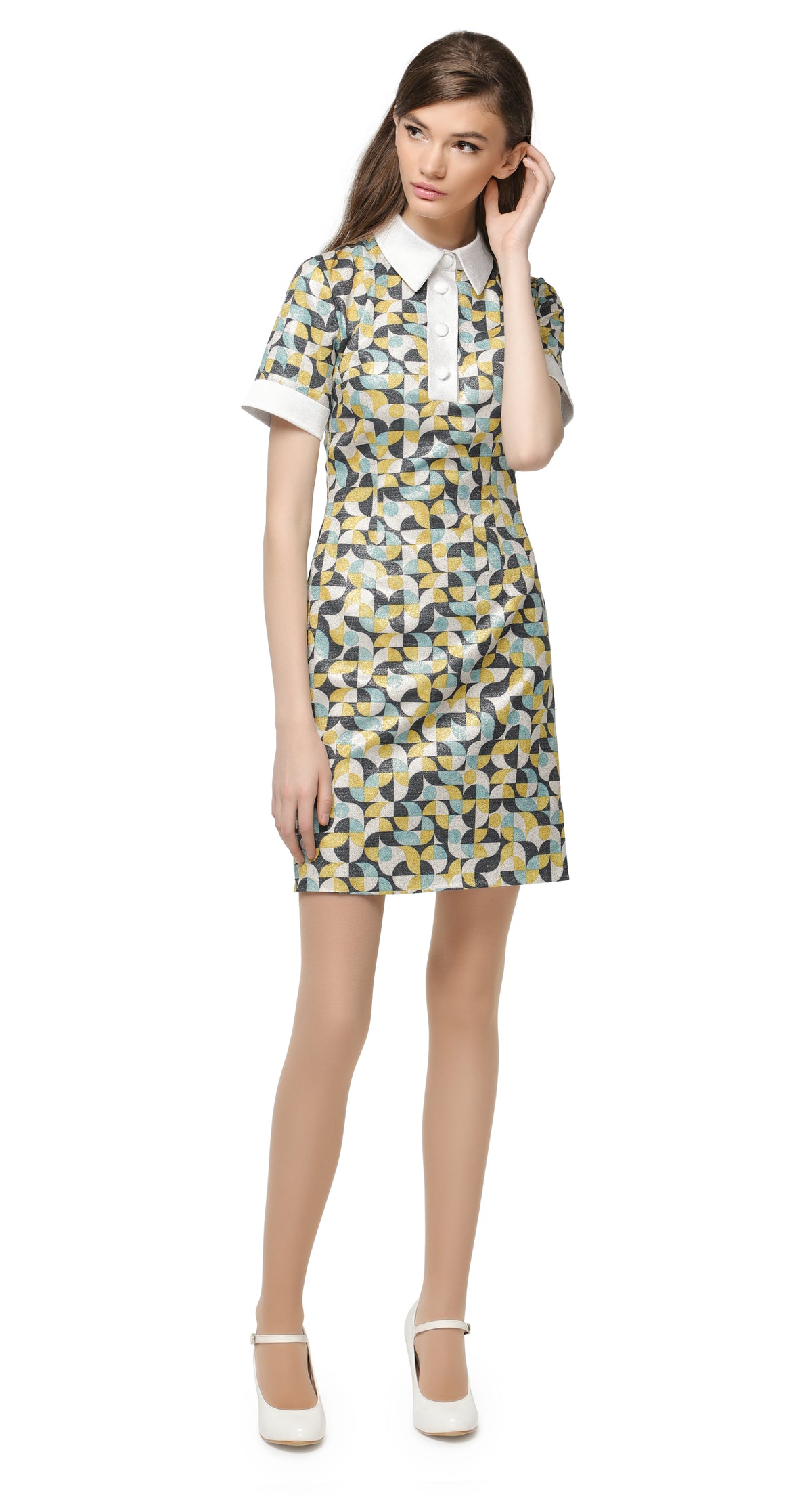 Fitted retro pattern dress with classic shirt collar and decorative four button closure. A stunningly beautiful French mill shimmering silver weave with a muted blue/yellow/dark blue/white geometric pattern. Perfect for a big night out; magnificent under the dance floor lights and confidently cool in any casual setting.   Choose bespoke for full sleeve and/or to alternate hem length.