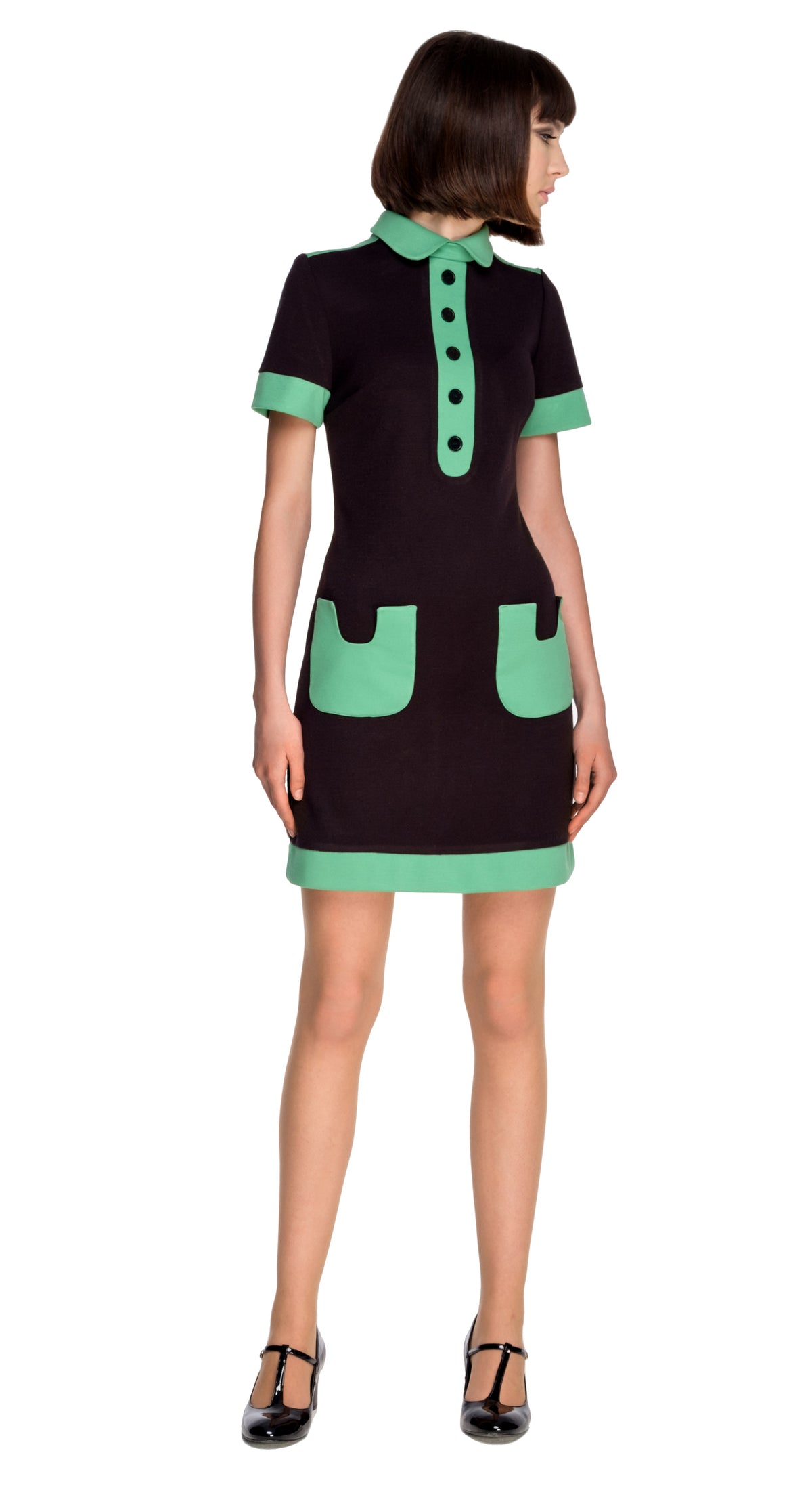 BLACK/GREEN JERSEY DRESS WITH COLLAR: SIZE M & L