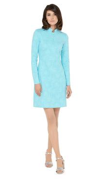 Stunning sixties Italian turquoise jersey, big night out dress with discreet hints of silver threading throughout the textured fabric. Mandarin collar with four buttons detailing as well as two button cuff detailing.   Choose bespoke for short or mid-length sleeves or for an alternate hem length such as a mini.