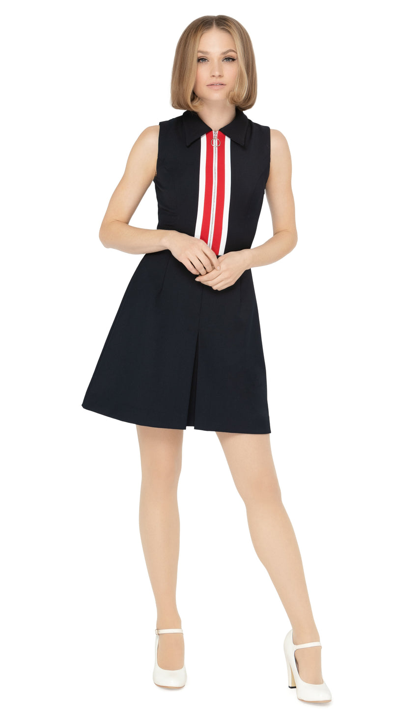 MARMALADE Mod Style Navy-Blue/Red/White Zippered Dress with Stripes