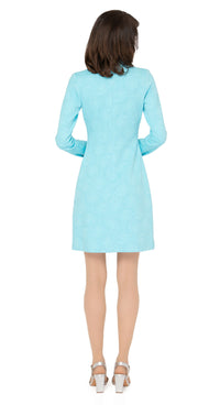 Stunning sixties Italian turquoise jersey, big night out dress with discreet hints of silver threading throughout the textured fabric. Mandarin collar with four buttons detailing as well as two button cuff detailing.   Choose bespoke for short or mid-length sleeves or for an alternate hem length such as a mini.