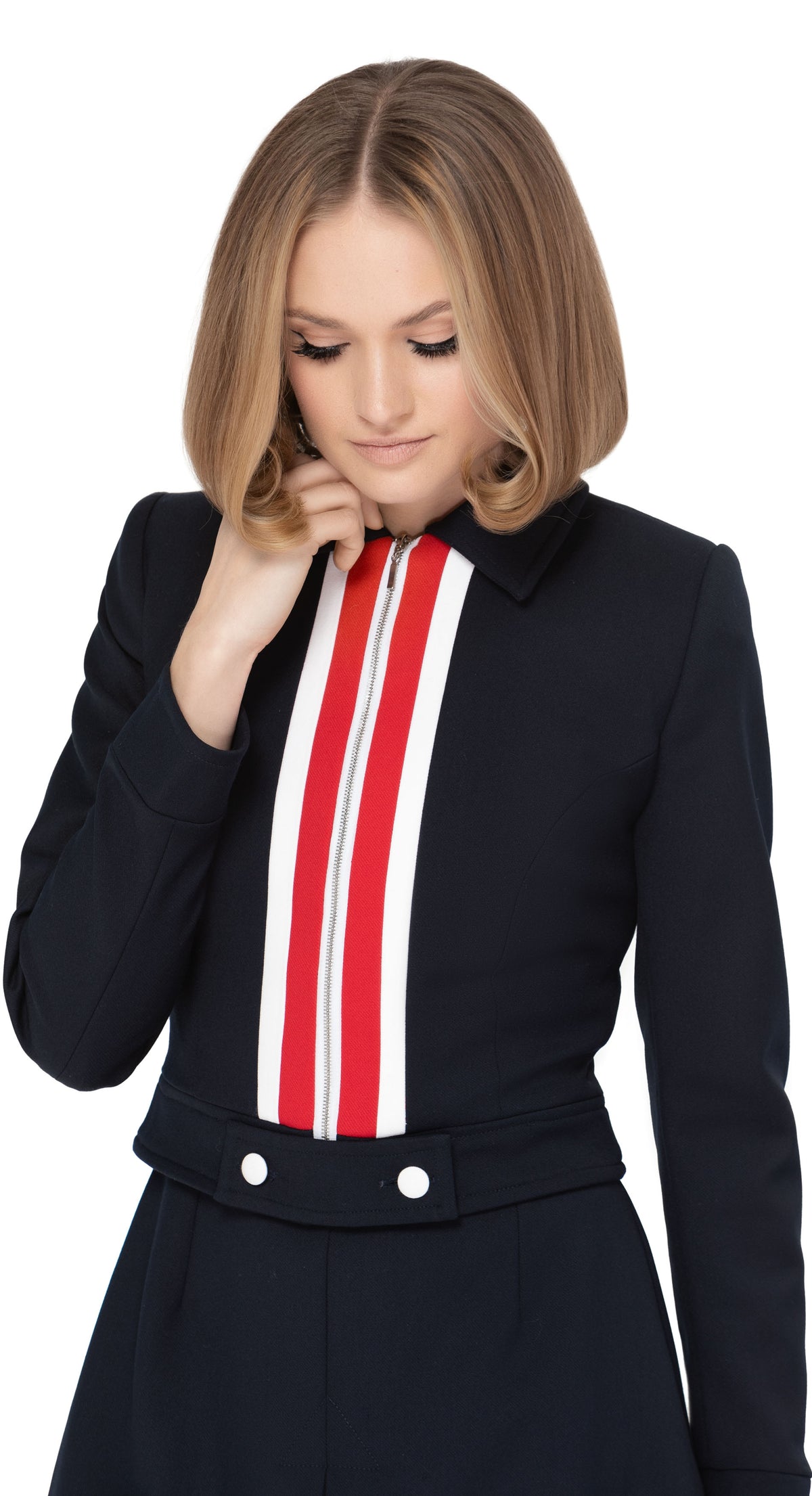 The perfect matching jacket for our sophisticated Mod Style Navy-Blue/Red/White Zippered Dress with Stripes or our Mod Style Navy-Blue/Red/White Zippered Skirt with Stripes. Crafted from the same Italian mill fabric as the dress and skirt, ensuring the perfect match in both color and texture. With a tailored fit and unique front zippered torso, this jacket perfectly complements the dress and skirt silhouette and detailing.