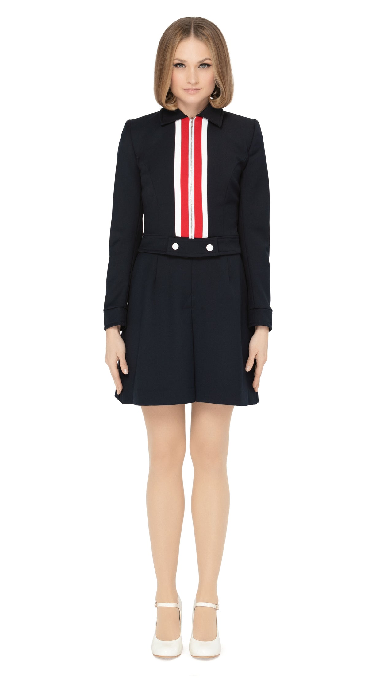 The perfect matching jacket for our sophisticated Mod Style Navy-Blue/Red/White Zippered Dress with Stripes or our Mod Style Navy-Blue/Red/White Zippered Skirt with Stripes. Crafted from the same Italian mill fabric as the dress and skirt, ensuring the perfect match in both color and texture. With a tailored fit and unique front zippered torso, this jacket perfectly complements the dress and skirt silhouette and detailing.