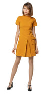 A classic sixties aesthetic; autumn dress with fitted torso, front pleat, a-line skirt, functional pocket, 5 button decorative detailing, stand away collar, beautiful topstitching & short sleeves.  Choose bespoke for any length of sleeve or hem or to alternate colour. Please feel free to contact us for colour availability.
