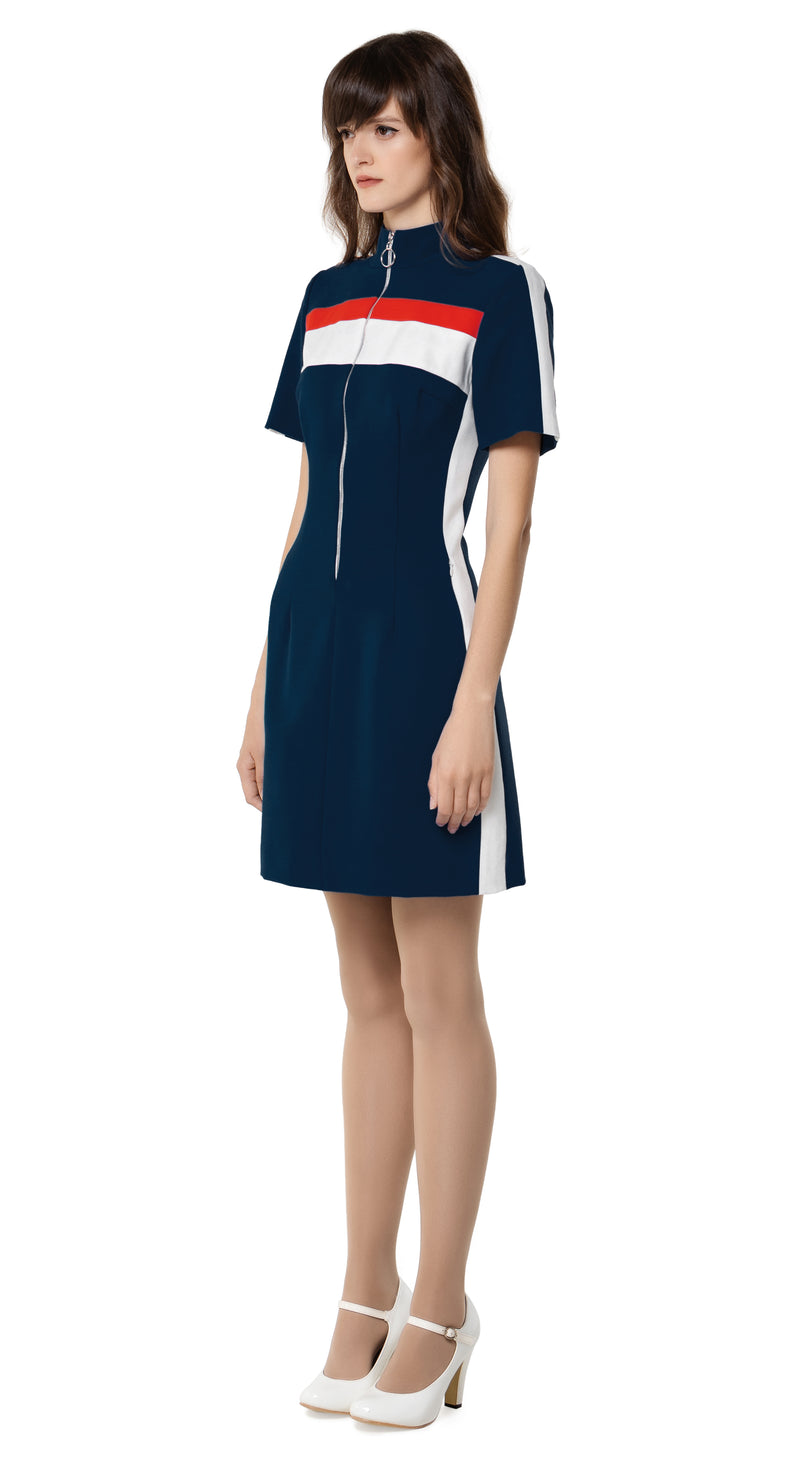 Retro Euro athletica inspired dress with circular zipper pull front closure and duo-colour panelling across the top. Casually pairs perfectly well with kicks or flats but versatile in adapting to after hours; wear with heels.   Choose bespoke to change sleeve and/or hem length and colour options.