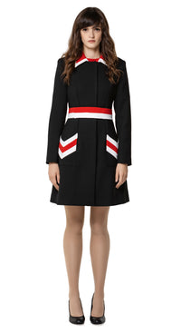 Tricolour sixties fitted autumn coat; immediately striking with bold functional, chevron front pockets and continued detailing on a classic collar with decorative belt.  Pairs perfectly as intended with our 'Mod Style Dress with Chevron Pockets' from this collection to complete a high fashion indisputably confident look.