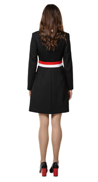 Tricolour sixties fitted autumn coat; immediately striking with bold functional, chevron front pockets and continued detailing on a classic collar with decorative belt.  Pairs perfectly as intended with our 'Mod Style Dress with Chevron Pockets' from this collection to complete a high fashion indisputably confident look.