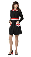 Tricolour sixties fitted autumn coat; immediately striking with bold functional, chevron front pockets and continued detailing on a classic collar with decorative belt.  Pairs perfectly as intended with our 'Mod Style Dress with Chevron Pockets' from this collection to complete a high fashion indisputably confident look.