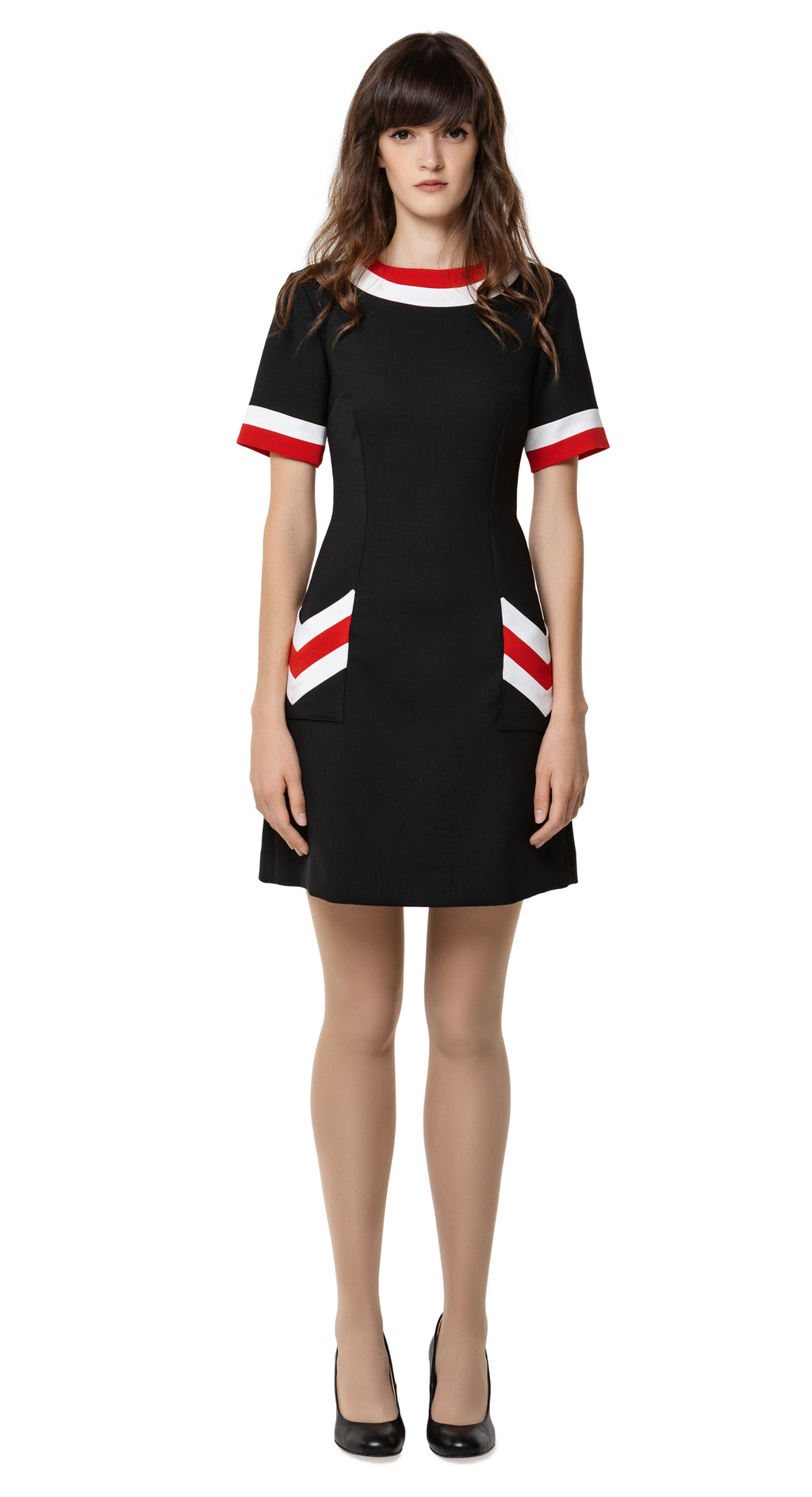 Tricolour a-line sixties autumn dress with rounded collar, red and white sleeve trim & dramatic functional chevron pockets. A go-to for all tomorrow’s parties. Pairs as intended perfectly with our 'Mod Style Coat with Chevron Pockets' from this collection or worn alone with kicks or heels to suit the moment.