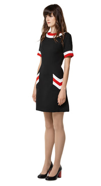 Tricolour a-line sixties autumn dress with rounded collar, red and white sleeve trim & dramatic functional chevron pockets. A go-to for all tomorrow’s parties. Pairs as intended perfectly with our 'Mod Style Coat with Chevron Pockets' from this collection or worn alone with kicks or heels to suit the moment.