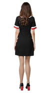 Tricolour a-line sixties autumn dress with rounded collar, red and white sleeve trim & dramatic functional chevron pockets. A go-to for all tomorrow’s parties. Pairs as intended perfectly with our 'Mod Style Coat with Chevron Pockets' from this collection or worn alone with kicks or heels to suit the moment.