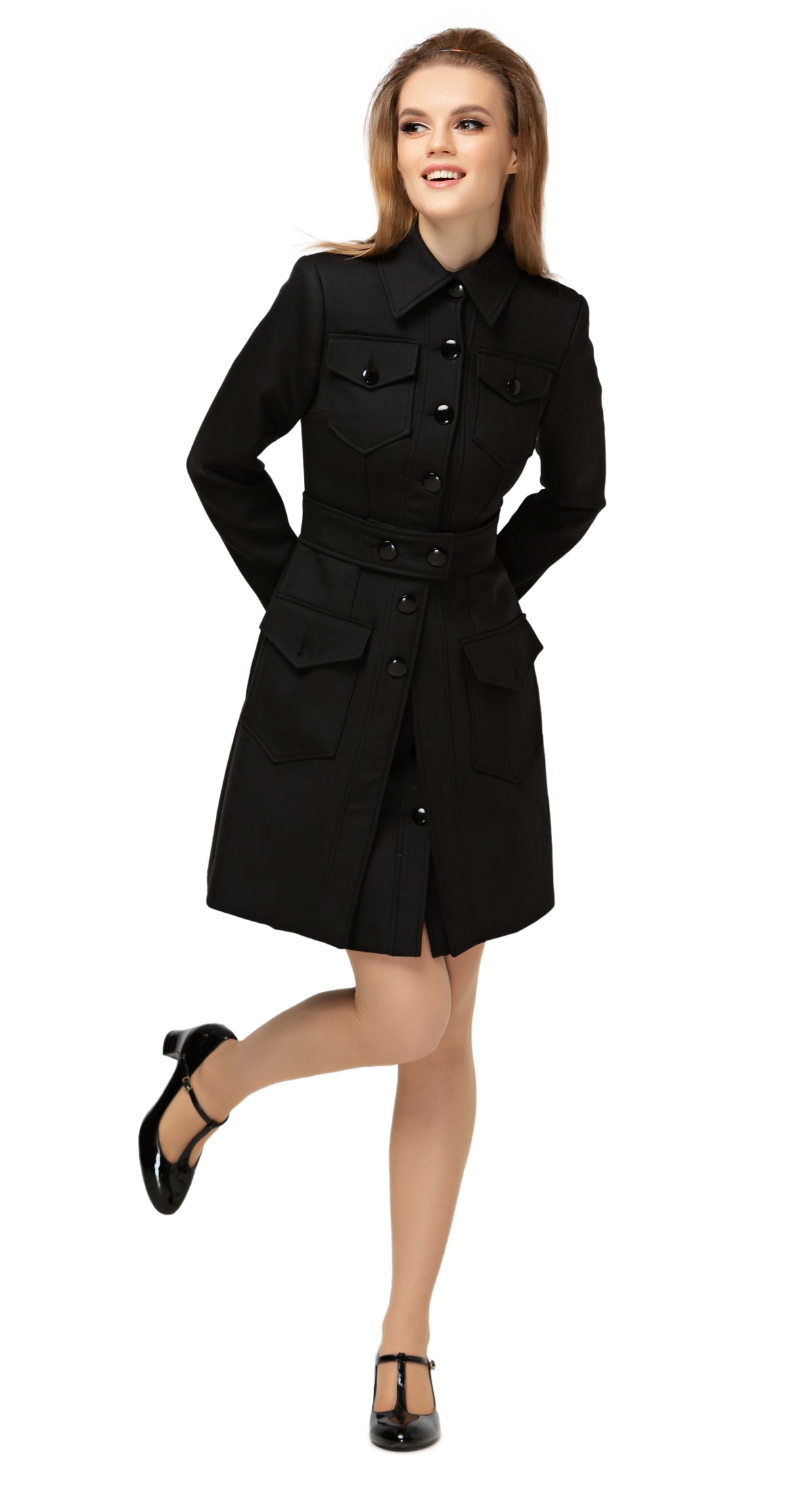 A classic Sixties style; fitted, fully lined, Spring coat with front button closure, functional breast and front pockets divided by detachable dual button belt and classic collar. Produced from premium Italian fabric.  Also available in light yellow.  Choose bespoke to alternate hem length or colour.