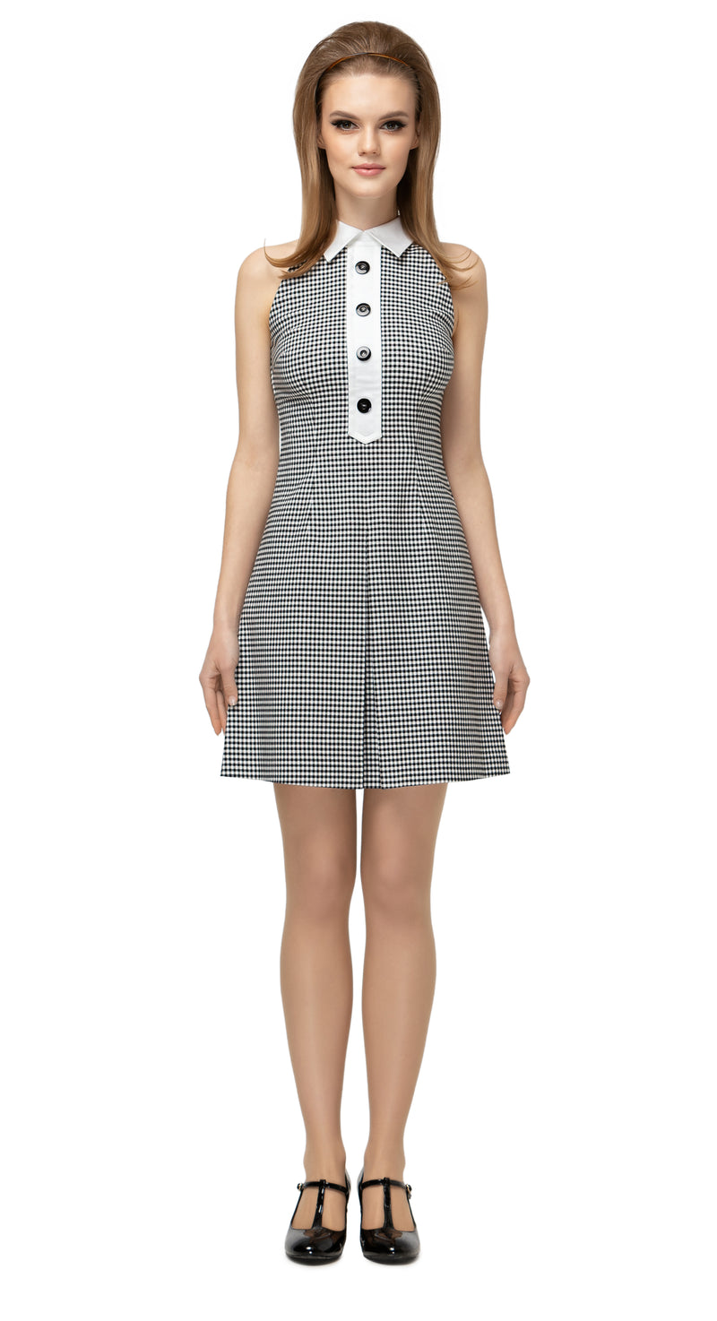 1960s style a-line gingham Italian cotton dress with a front pleat. Four button placket look with classic white shirt collar.  Choose bespoke to have this style with capped, short or ¾” sleeves, or to adjust hem length.