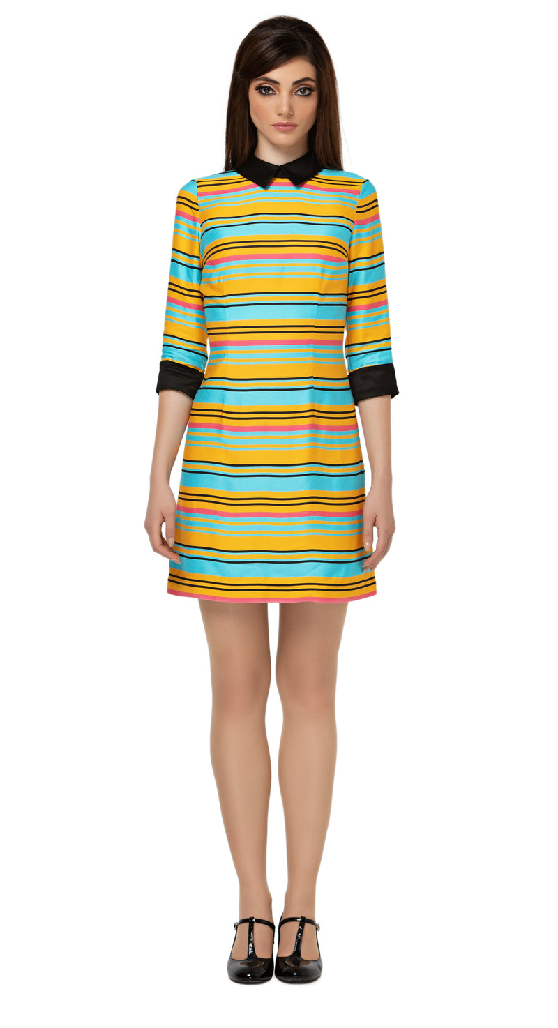 Colourful striped Spring three quarter length sleeved dress. Premium quality Italian breathable viscose-blend. Classic shirt collar with black trim cuffs.  Choose bespoke to change sleeve lengths from short to full and/or to alter hem length.  Pairs well with our jacket MSMSSP2021-20.