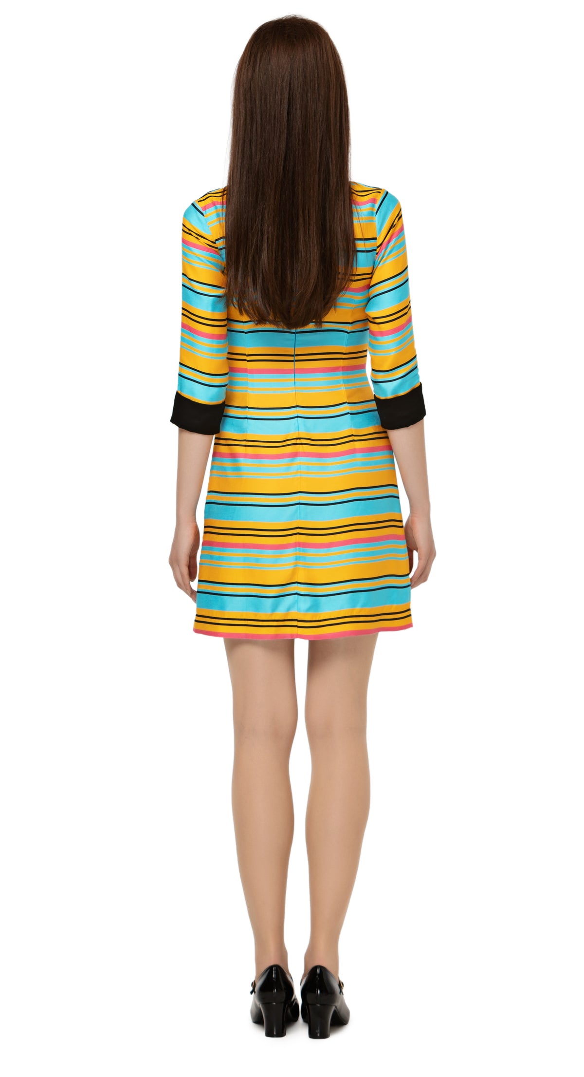 Colourful striped Spring three quarter length sleeved dress. Premium quality Italian breathable viscose-blend. Classic shirt collar with black trim cuffs.  Choose bespoke to change sleeve lengths from short to full and/or to alter hem length.  Pairs well with our jacket MSMSSP2021-20.