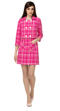 Fairweather fuchsia and light cream plaid  heavy-weight Spring jacket with double breasted light cream button detailing closure, square neck line and collar. Made of premium RECYCLED Italian fabric.  Pairs perfectly with both MSMSSP2021-24 to create a dress/jacket high fashion set.