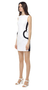 Fitted sleeveless sixties style dress with dramatic side stripe and oversized functional side circle pockets. Strikingly cool, day to night, work to play.  Pairs perfectly with our Sixties Style Side Circle Pocket Coat.  Also available in reversed colours. Please let us know if this is your preference.  Choose bespoke for custom measurements, to alternate to capped or short sleeves and/or to amend hem length.
