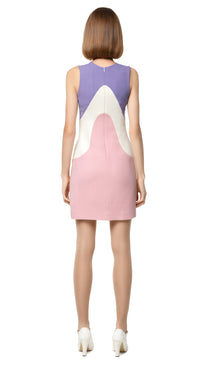 Fitted sleeveless tricolour sixties dress in a current seasonal lavender/pink palette with rounded neckline and back zipper. The ascending pastel colour wave pattern follows that of the matching Sixties Lavender/Pink/Cream Colour Wave Jacket to complete a striking high fashion set.  Choose bespoke to for custom sizing, to add short or capped sleeve, change colour palette and/or amend hem length.