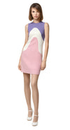Fitted sleeveless tricolour sixties dress in a current seasonal lavender/pink palette with rounded neckline and back zipper. The ascending pastel colour wave pattern follows that of the matching Sixties Lavender/Pink/Cream Colour Wave Jacket to complete a striking high fashion set.  Choose bespoke to for custom sizing, to add short or capped sleeve, change colour palette and/or amend hem length.